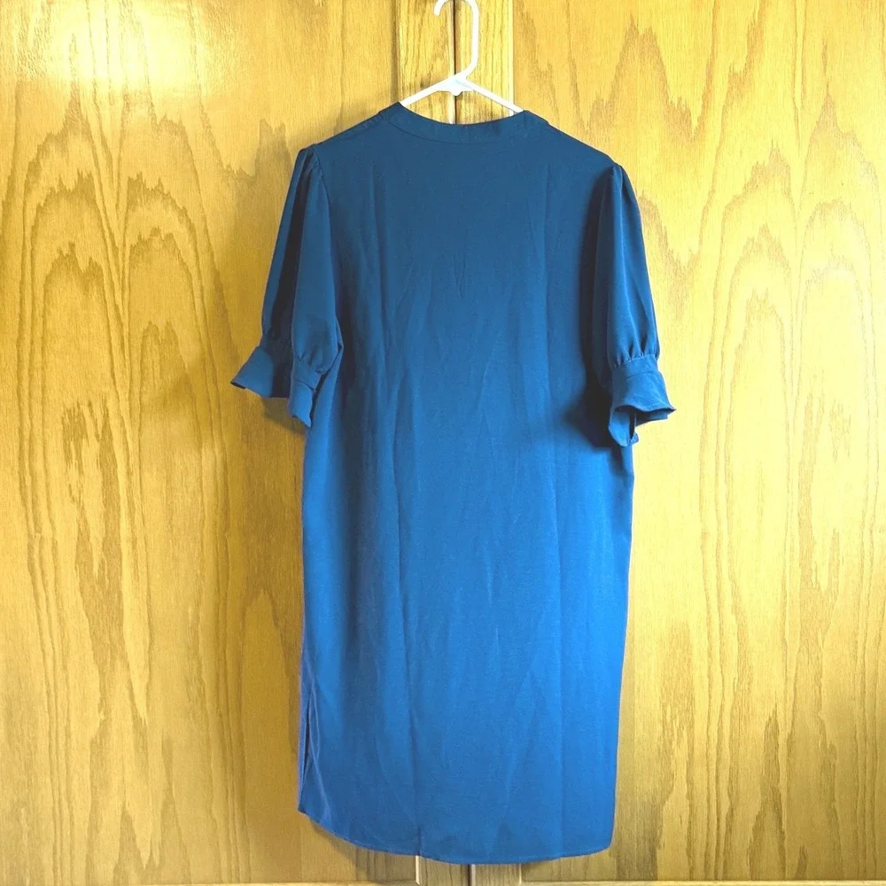 Womens Navy Blue‎ Split Neck Shift Dress Short Puff Ruffle Sleeve Size Large